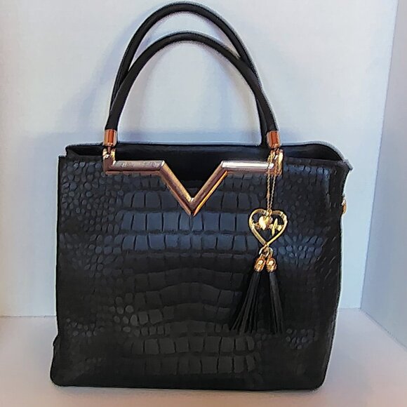 Crossi Handbags - Crossi Black Gold Purse Handbag Crocodile Bag Zipper Tassle Pockets
